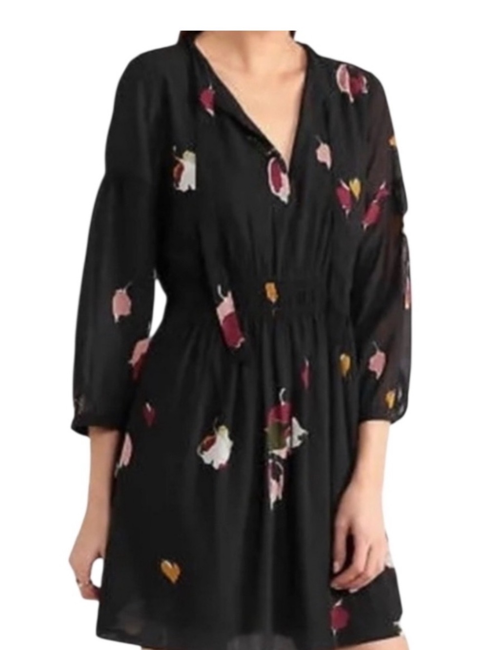 Madewell painted Black Floral V-Neck Smocked Waist Dress